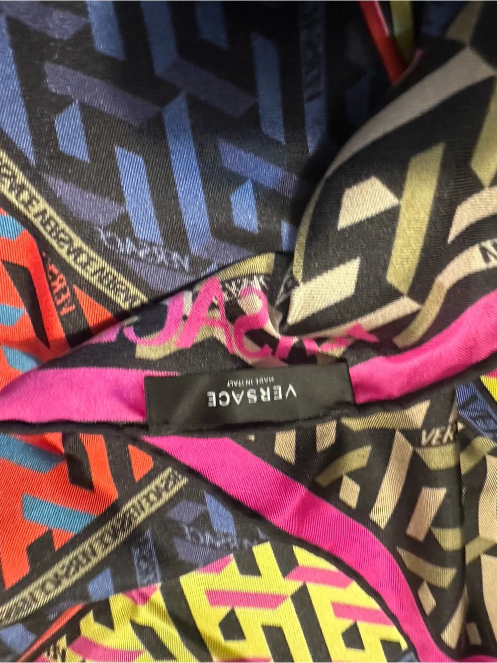 Like New! Large Versace Neon Yellow Blue Pink Geometric Silk Scarf